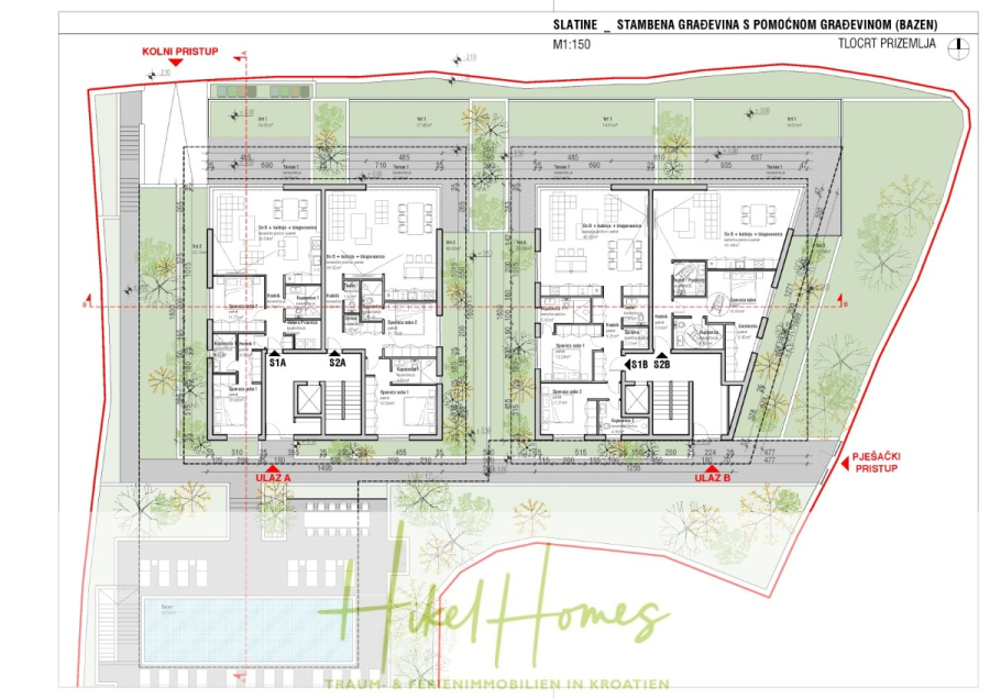 1. Reihe Luxus Neubau Penthouse – Meerblick mit 3 SZ, riesige Terrasse und Gemeinschaftspool (S6A) - Architektonischer Grundriss von zwei nebeneinander liegenden Wohngebäuden mit umliegenden Rasenflächen, Bäumen, Wegen, Poolbereich, Parkzonen, markierten Zugängen und beschrifteten Räumen. Titel und Logo "Hikel Homes" in der unteren Mitte. (46219)