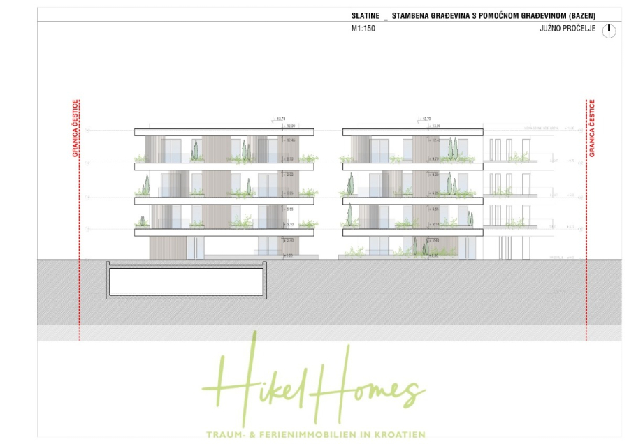 1. Reihe Luxus Neubau Penthouse – Meerblick mit 3 SZ, riesige Terrasse und Gemeinschaftspool (S6A) - Architektonische Ansichtszeichnung eines modernen, vierstöckigen Wohnhauses mit Balkonen und Grünanlagen. Der Text am unteren Rand lautet "Hikel Homes: Traum- & Ferienimmobilien in Kroatien". Beschriftungen und Maße sind sichtbar. (46218)