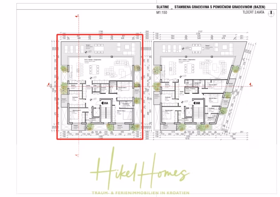 1. Reihe Luxus Neubau Penthouse – Meerblick mit 3 SZ, riesige Terrasse und Gemeinschaftspool (S6A) - Architektonischer Grundriss zweier benachbarter Einheiten mit jeweils Wohnbereichen, Schlafzimmern und Bädern. Der Grundriss umfasst begrünte Außenflächen. Der Text auf dem Bild enthält „Hikel Homes“ und einige technische Beschriftungen. (42656)