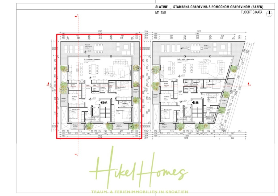 1. Reihe Luxus Neubau Penthouse – Meerblick mit 3 SZ, riesige Terrasse und Gemeinschaftspool (S6A) - Architektonischer Grundriss für zwei nebeneinander liegende Gebäude mit beschrifteten Räumen und grünen Pflanzensymbolen, die von einem roten Kasten umgeben sind. Der Text am oberen Rand bezeichnet das Projekt; das Logo "Hikel Homes" erscheint am unteren Rand. (46214)