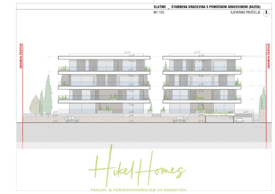 1. Reihe hochwertige Neubau-Meerblick Wohnung mit 2 SZ, Terrasse und Gemeinschaftspool - Architektonische Ansichtszeichnung von zwei modernen, vierstöckigen Wohngebäuden mit Balkonen, Bäumen, Autos und Landschaftsgestaltung. Der Text "Hikel Homes" und "Traum- & Ferienimmobilien in Kroatien" erscheint am unteren Rand. (44608)