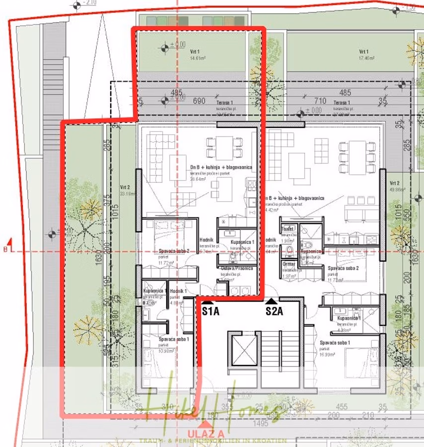 1. Reihe hochwertige Neubau-Meerblick Wohnung mit 2 SZ, Terrasse und Gemeinschaftspool - Architektonischer Grundriss mit beschrifteten Räumen wie Wohnzimmer, Küche, Badezimmern und Schlafzimmern. Der Plan ist mit einem roten Rand versehen, der den Schwerpunktbereich kennzeichnet. (42736)