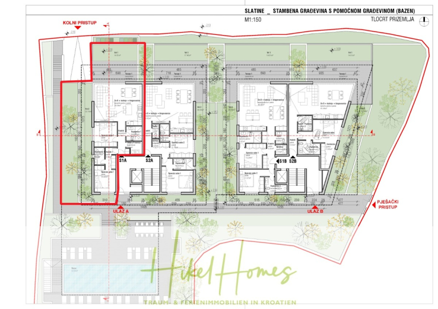 1. Reihe hochwertige Neubau-Meerblick Wohnung mit 2 SZ, Terrasse und Gemeinschaftspool - Architektonischer Lageplan mit zwei Wohngebäuden mit beschrifteten Wohnungen (5A, 5B, 5C, 5D, 5E, 5F, 5G, 5H), Zufahrten, Parkplätzen, Eingängen und Landschaftsgestaltung. Rote Umrisse heben bestimmte Bereiche hervor. (44606)