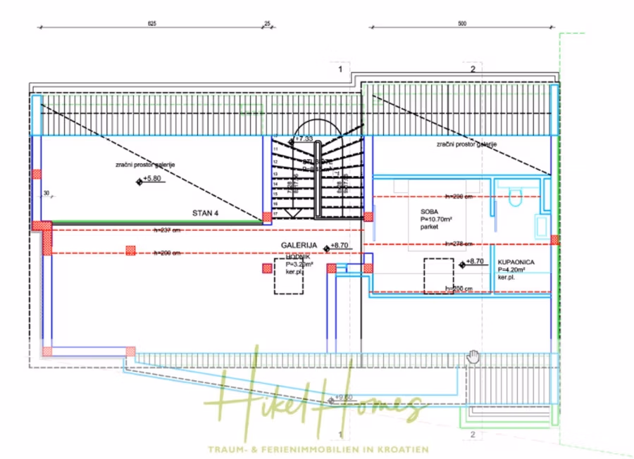 Galerie Wohnung, 3 Schlafzimmer / 70m zum Meer / Pool / 2 Bäder - Grundriss eines Gebäudes mit der Bezeichnung „STAN 4“ mit verschiedenen Räumen und markierten Abmessungen. Einschließlich der Räume „Soba“ und „Kupionica“. Zentrales Treppenhaus und Text am unteren Rand: „Hikel Homes – Traum- & Ferienimmobilien in Kroatien“. (41266)