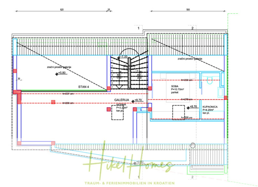 Galerie Wohnung, 3 Schlafzimmer / 70m zum Meer / Pool / 2 Bäder - Architektonischer Grundriss mit Räumen, die mit Stan, Galerija, Soba und Kupaonica bezeichnet sind, mit Abmessungen, Treppe in der Mitte und Dachumrissen. Deutscher Text und "Hikel Homes"-Logo am unteren Rand. (46587)