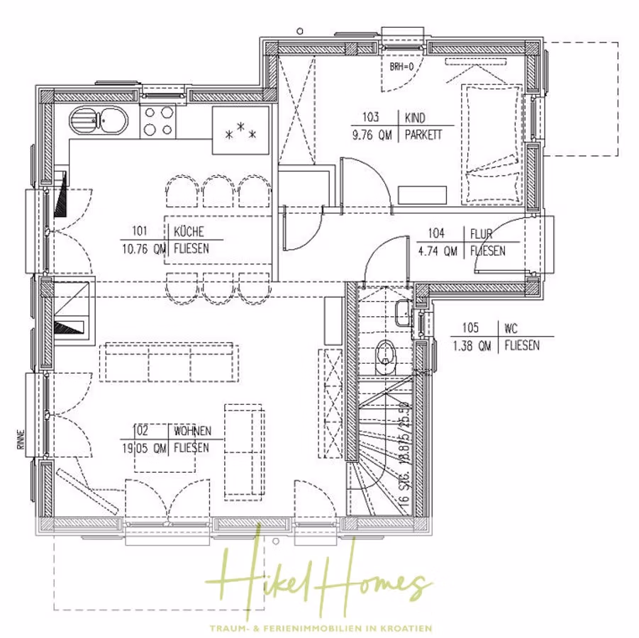 Villa im Mittelmeerstil mit 3 SZ, Pool, Dachterrasse mit Meerblick – möbiliert (15) - Grundriss einer Wohnung mit Küche, Wohnzimmer, Schlafzimmer mit Parkettboden und Flur. Der Plan enthält für jeden Raum die genaue Flächenangabe in Quadratmetern. Das Logo unten lautet „HikeHomes“. (41976)
