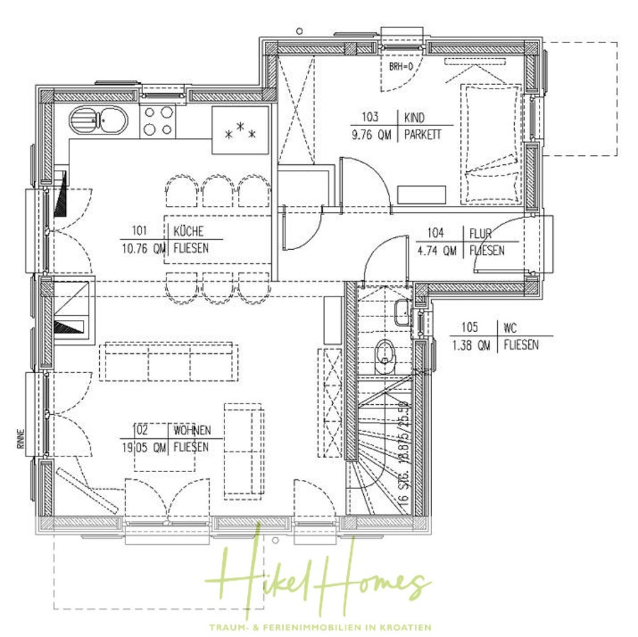Villa im Mittelmeerstil mit 3 SZ, Pool, Dachterrasse mit Meerblick – möbiliert (15) - Schwarz-Weiß-Grundriss eines kleinen Hauses mit Küche, Wohnzimmer, Flur, Bad mit Dusche und Schlafzimmer. Jedes Zimmer hat beschriftete Abmessungen und Bodenbeläge, und Türen und Fenster sind deutlich markiert. (44861)