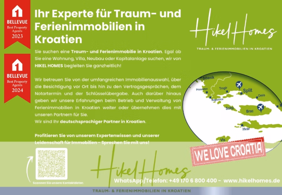 Villa im Mittelmeerstil mit 3 SZ, Pool, Dachterrasse mit Meerblick – möbiliert (15) - Werbung für Hikel Homes, eine Immobilienagentur, die sich auf Ferienimmobilien in Kroatien spezialisiert hat. Das Bild enthält Textinformationen zu den Dienstleistungen, Auszeichnungen von Bellevue und Kontaktdaten. Ein malerisches Strandbild und ein „Wir lieben Kroatien“-Banner runden das Bild ab. (41980)