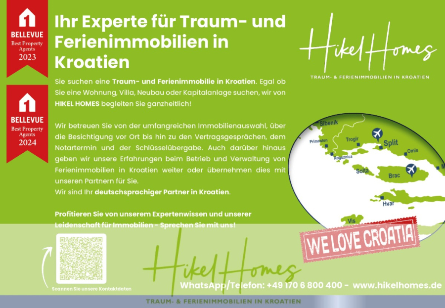 Villa im Mittelmeerstil mit 3 SZ, Pool, Dachterrasse mit Meerblick – möbiliert (15) - Ein Informationsflyer für Hikel Homes, eine deutsche Immobilienagentur, die sich auf Ferienimmobilien in Kroatien spezialisiert hat. Der Flyer enthält eine Karte, Kontaktdaten, Auszeichnungen und Text über ihre Dienstleistungen in grüner und weißer Farbgebung. (44867)