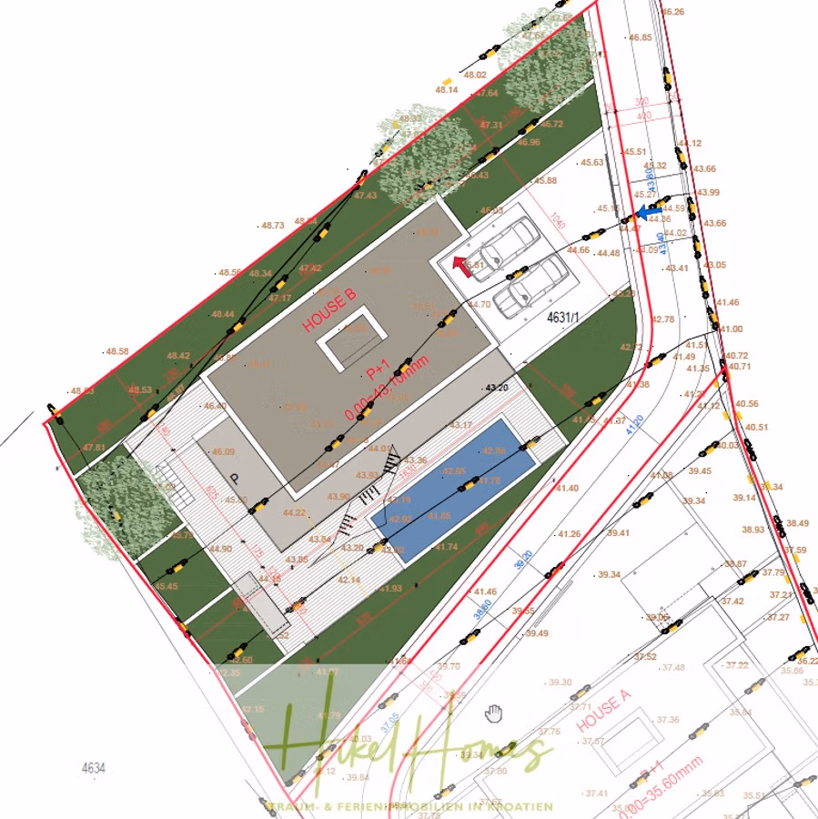 Neubauprojekt Villa Aja – von jedem Zimmer aus Meerblick auf 250m² mit 3 Schlafzimmer / 3 Bädern - Architektonischer Lageplan mit zwei markierten Bereichen: Haus A und Haus B. Haus B verfügt über einen rechteckigen Pool und umgebende Grünflächen. Die Grundstücksgrenzen sind rot markiert. Verschiedene Maße und Koordinaten sind im Plan vermerkt. (41613)