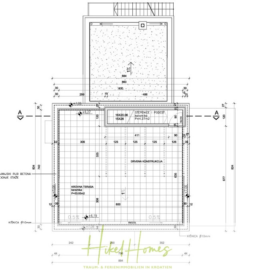 Villa im Mittelmeerstil mit 3 SZ, Pool, Dachterrasse mit Meerblick (3/4) - Architektonischer Grundriss mit Maßen, Raumaufteilung, Treppenhaus und Terrasse. Mit Beschriftungen in kroatischer Sprache, Schnittmarken und dem Logo von Hike Homes am unteren Rand. (45774)