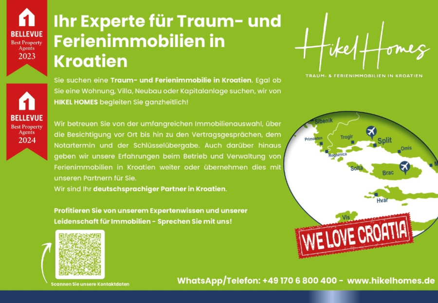 Meerblick 60m² Neubauwohnung mit 2 Schlafzimmer, Balkon und Südausrichtung - Grün-weiße Werbung für Hikel Homes, die für Ferienimmobilien in Kroatien wirbt. Enthält Auszeichnungen, Kontaktinformationen, eine kleine Karte von Kroatien, einen QR-Code und ein rotes "Wir lieben Kroatien"-Band. Der Text hebt das Fachwissen und die angebotenen Dienstleistungen hervor. (45299)