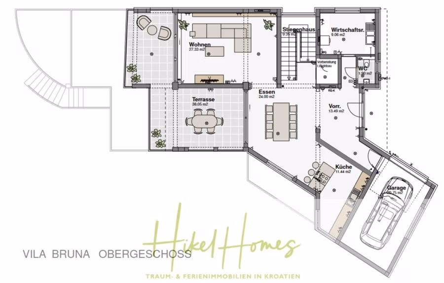 5 Sterne Villa Bruna – Meerblick auf 260m² WFL in 1. Reihe / 4 SZ / Neubau / Sofort bezugsfertig - Grundriss der oberen Etage der Villa Bruna. Beinhaltet Wohnzimmer, Essbereich, Küche, Abstellraum, Garage, Terrasse, Treppenhaus und Hauswirtschaftsraum. Beschriftete Bereiche mit Quadratmeterangaben. Grünes Logo und Text unten: „Hikel Homes“. (41421)