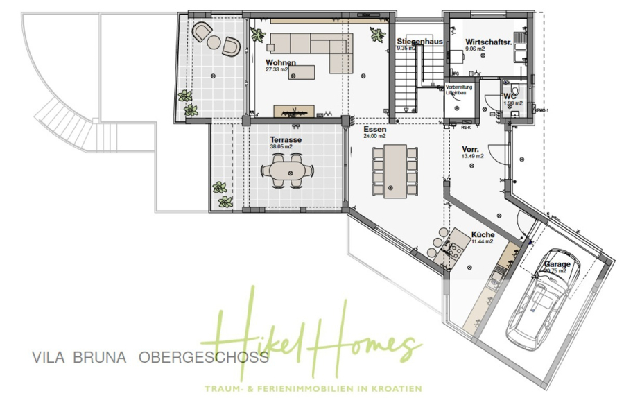 5 Sterne Villa Bruna – Meerblick auf 260m² WFL in 1. Reihe / 4 SZ / Neubau / Sofort bezugsfertig - Architektonischer Grundriss des Obergeschosses eines Hauses mit den Räumen Wohnzimmer, Küche, Essbereich, Terrasse, Speisekammer, Hauswirtschaftsraum und Garage mit einem Auto darin. Der Grundriss enthält Möbelsymbole. (46382)