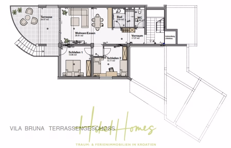 5 Sterne Villa Bruna – Meerblick auf 260m² WFL in 1. Reihe / 4 SZ / Neubau / Sofort bezugsfertig - Grundriss der Terrassenebene der Vila Bruna mit Terrasse, offenem Wohn-Essbereich, Küche, Bad, Flur und zwei Schlafzimmern. Inklusive Maßangaben für alle Räume. Der Plan ist in deutscher Sprache beschriftet. (41422)