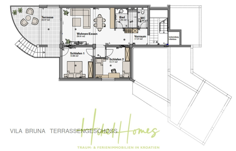 5 Sterne Villa Bruna – Meerblick auf 260m² WFL in 1. Reihe / 4 SZ / Neubau / Sofort bezugsfertig - Grundriss einer Villa mit Terrasse, Wohn-/Essbereich, Küche, zwei Schlafzimmern, Bad, Eingangshalle und Hauswirtschaftsraum. Die Räume sind in deutscher Sprache beschriftet. Am unteren Rand steht "VILA BRUNA TERRASSENGESCHOSS". (46383)