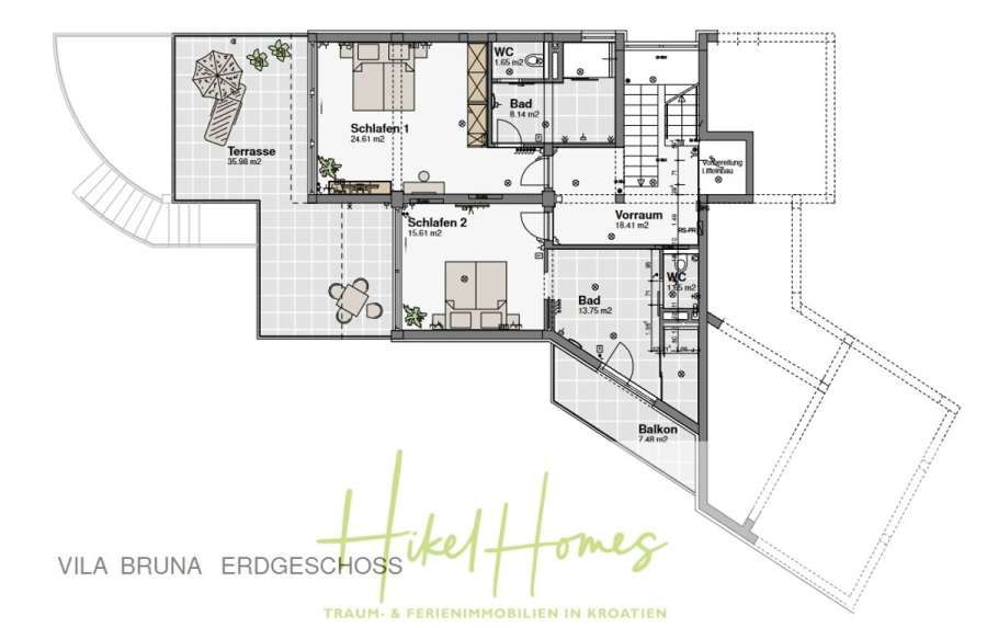 5 Sterne Villa Bruna – Meerblick auf 260m² WFL in 1. Reihe / 4 SZ / Neubau / Sofort bezugsfertig - Grundriss des Erdgeschosses der Vila Bruna mit zwei Schlafzimmern, zwei Bädern, einem separaten WC, Küche, Ess-/Wohnbereich, Terrasse, Balkon und Eingangshalle, mit beschrifteten Räumen und Quadratmeterangaben. (46380)