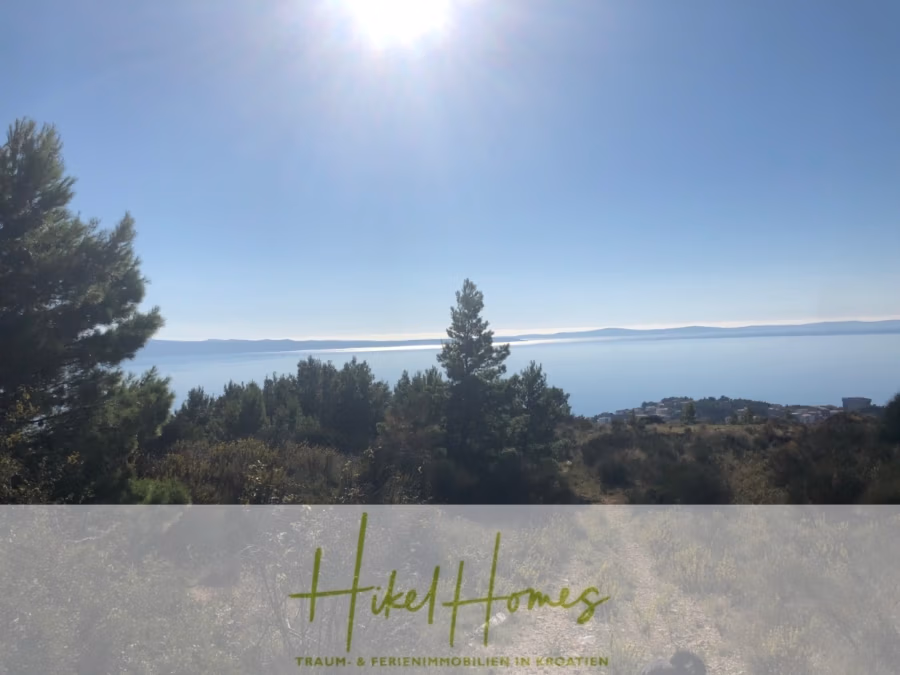 511m² Traumvilla auf über 3100m² großem unverbaubaren Meerblick Grundstück – eigene Auffahrt - Sonnenbeschienene Landschaft mit Blick auf das Meer und das ferne Land jenseits des Wassers. Kiefern und Sträucher stehen im Vordergrund. Unten befindet sich ein Markentext zum Thema Immobilien in Kroatien. (41946)