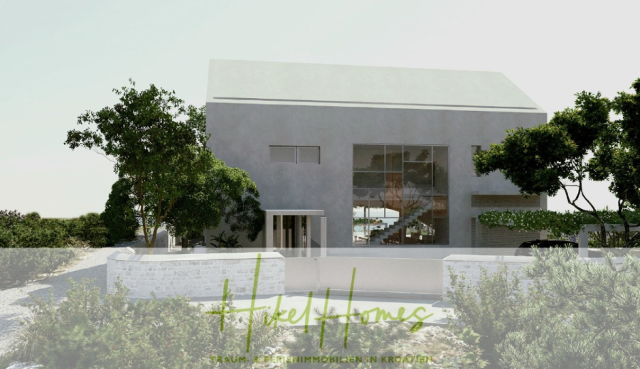 Prämiertes Architekturprojekt – Meerblick Luxus auf 490m² auf 1800m² Grund mit 2 Pools, Bar, Lounge - Modernes zweistöckiges Haus mit großen Fenstern, umgeben von Grünflächen und Bäumen. Weiße Steinmauer und Einfahrt vor dem Haus. Das Logo und der Slogan "Hakel Homes" erscheinen am unteren Rand des Bildes. (45042)