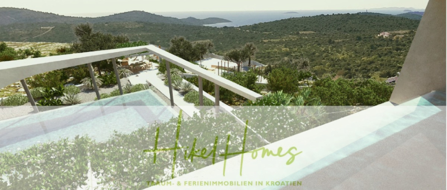 Prämiertes Architekturprojekt – Meerblick Luxus auf 490m² auf 1800m² Grund mit 2 Pools, Bar, Lounge - Blick von einer modernen Terrasse mit Blick auf einen üppig grünen Hügel, entfernte Villen und das Meer. Der Text auf dem Bild lautet "Hikel Homes, Traum- & Ferienimmobilien in Kroatien.". (45064)
