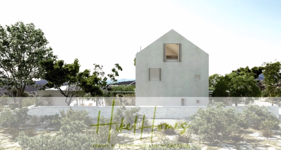 Prämiertes Architekturprojekt – Meerblick Luxus auf 490m² auf 1800m² Grund mit 2 Pools, Bar, Lounge - Ein modernes, minimalistisches weißes Haus ist von üppigem Grün und Bäumen umgeben und steht unter klarem Himmel. Das Gebäude zeichnet sich durch ein schlichtes, dreieckiges Dach und klare Linien aus. Im Vordergrund steht der Schriftzug „HvarHomes – Luxus- und umweltfreundliche Häuser in Kroatien“. (41158)