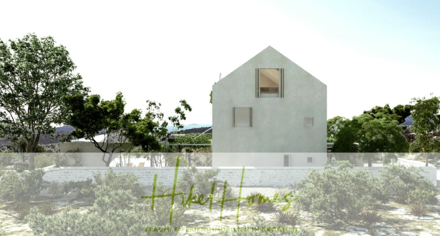 Prämiertes Architekturprojekt – Meerblick Luxus auf 490m² auf 1800m² Grund mit 2 Pools, Bar, Lounge - Ein minimalistisches weißes Haus mit Giebeldach ist umgeben von Grün und Bäumen unter einem strahlenden Himmel. Die Worte "Hotel Homes" und "Travel & Friendship Sleep in Croatia" erscheinen am unteren Rand. (45045)