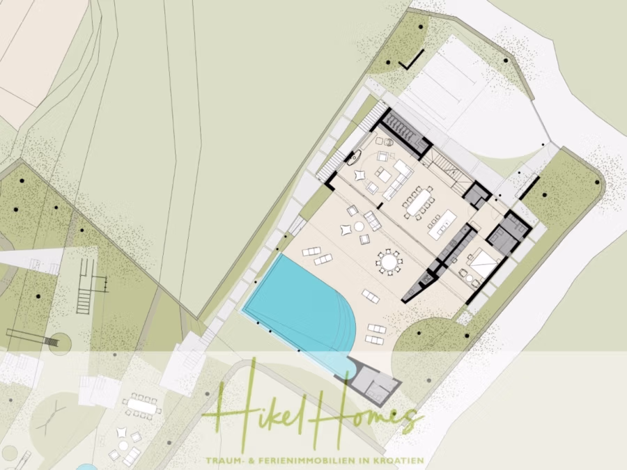 Prämiertes Architekturprojekt – Meerblick Luxus auf 490m² auf 1800m² Grund mit 2 Pools, Bar, Lounge - Architektonischer Grundriss mit einer Grundstücksaufteilung mit Pool, Sitzbereich und Zimmern. Der Entwurf enthält beschriftete Abschnitte und ist unten mit dem Text „Hikel Homes“ und „Traum- & Ferienimmobilien in Kroatien“ überlagert. (41174)