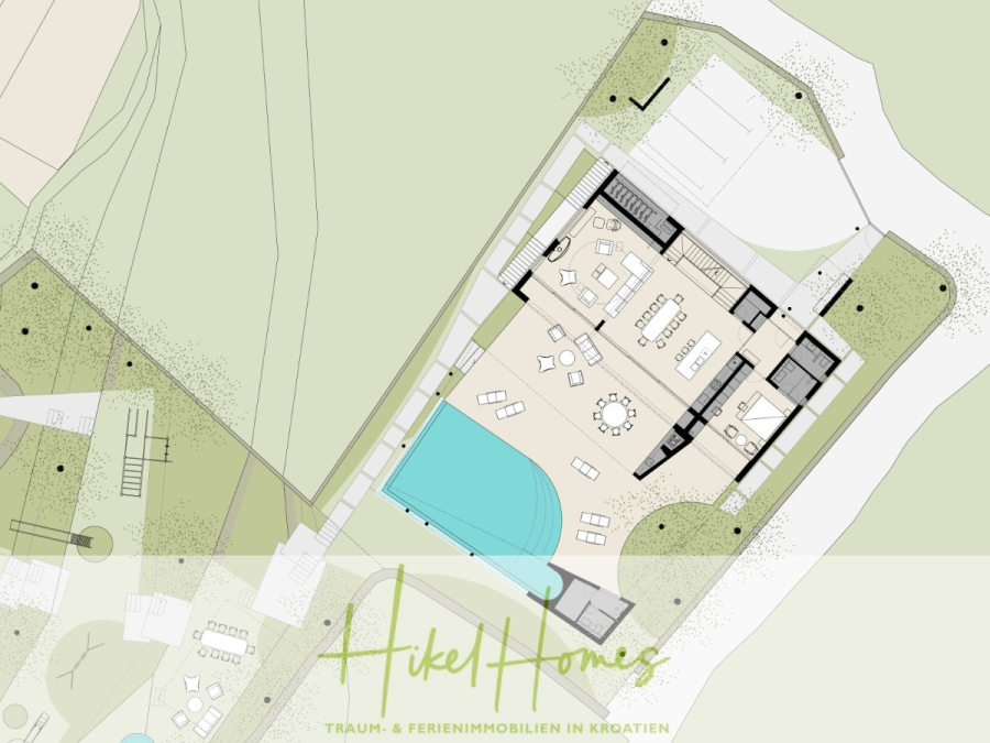 Prämiertes Architekturprojekt – Meerblick Luxus auf 490m² auf 1800m² Grund mit 2 Pools, Bar, Lounge - Architektonischer Grundriss eines modernen Hauses mit einem Außenpool, Liegestühlen und Landschaftsgestaltung. Der Entwurf umfasst offene Wohnbereiche, mehrere Räume und Wege mit der Aufschrift "Hikel Homes - Traum- & Ferienimmobilien in Kroatien". (45066)