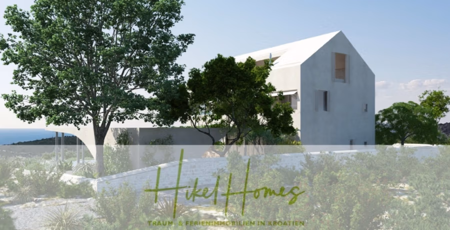 Prämiertes Architekturprojekt – Meerblick Luxus auf 490m² auf 1800m² Grund mit 2 Pools, Bar, Lounge - Modernes weißes Haus, umgeben von Bäumen und Vegetation, vor einem klaren blauen Himmel. Der Text „Hike Homes“ ist in Grün am unteren Rand geschrieben, zusammen mit dem Satz „Traum + Ferienimmobilien in Kroatien“. (41159)