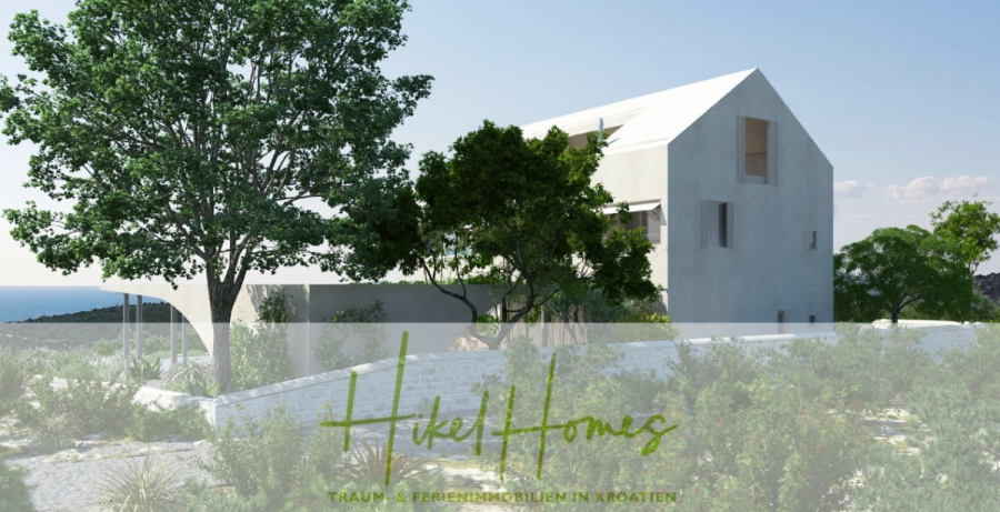Prämiertes Architekturprojekt – Meerblick Luxus auf 490m² auf 1800m² Grund mit 2 Pools, Bar, Lounge - Ein modernes weißes Haus mit großen Fenstern ist von Bäumen und Grünflächen unter einem klaren blauen Himmel umgeben. Der Text "Hikel Homes" und "Traum- & Ferienimmobilien in Kroatien" erscheint am unteren Rand. (45046)