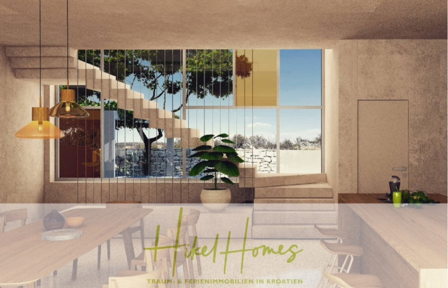 Prämiertes Architekturprojekt – Meerblick Luxus auf 490m² auf 1800m² Grund mit 2 Pools, Bar, Lounge - Modernes Interieur mit Holztreppe, großen Fenstern mit Blick auf Bäume und Himmel, Esstisch mit Stühlen, Hängeleuchten und Küchentisch. "Hiesel Homes: Traum- & Ferienimmobilien in Kroatien" Text-Overlay am unteren Rand. (45062)