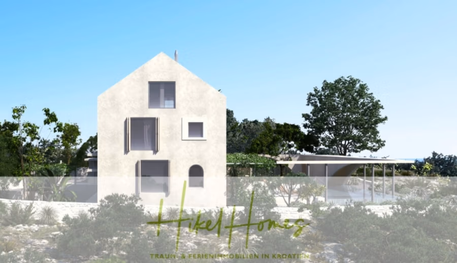 Prämiertes Architekturprojekt – Meerblick Luxus auf 490m² auf 1800m² Grund mit 2 Pools, Bar, Lounge - Ein modernes zweistöckiges Haus mit Satteldach steht mitten im Grünen unter strahlend blauem Himmel. Die Fassade besticht durch minimalistische Fenster und Türen, und seitlich befindet sich eine schattige Terrasse. Der Logotext lautet „Hikel Homes“ mit einem Slogan darunter. (41157)