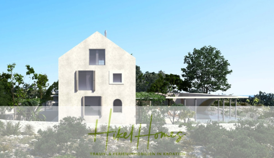 Prämiertes Architekturprojekt – Meerblick Luxus auf 490m² auf 1800m² Grund mit 2 Pools, Bar, Lounge - Ein modernes, minimalistisches weißes Haus mit großen Fenstern steht inmitten von Grünpflanzen und Sträuchern; daneben befindet sich ein schattiger Außenbereich. Der Text am unteren Rand lautet "Hikel Homes Traum- & Ferienimmobilien in Kroatien. (45044)