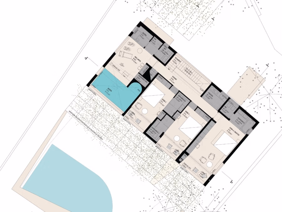 Prämiertes Architekturprojekt – Meerblick Luxus auf 490m² auf 1800m² Grund mit 2 Pools, Bar, Lounge - Ein architektonischer Grundriss mit mehreren Räumen, Toiletten und Wohnbereichen. Der Außenbereich umfasst einen großen L-förmigen Pool und die umliegende Grünanlage. Klare Raumaufteilung und Raumzuordnung sind erkennbar. (41176)