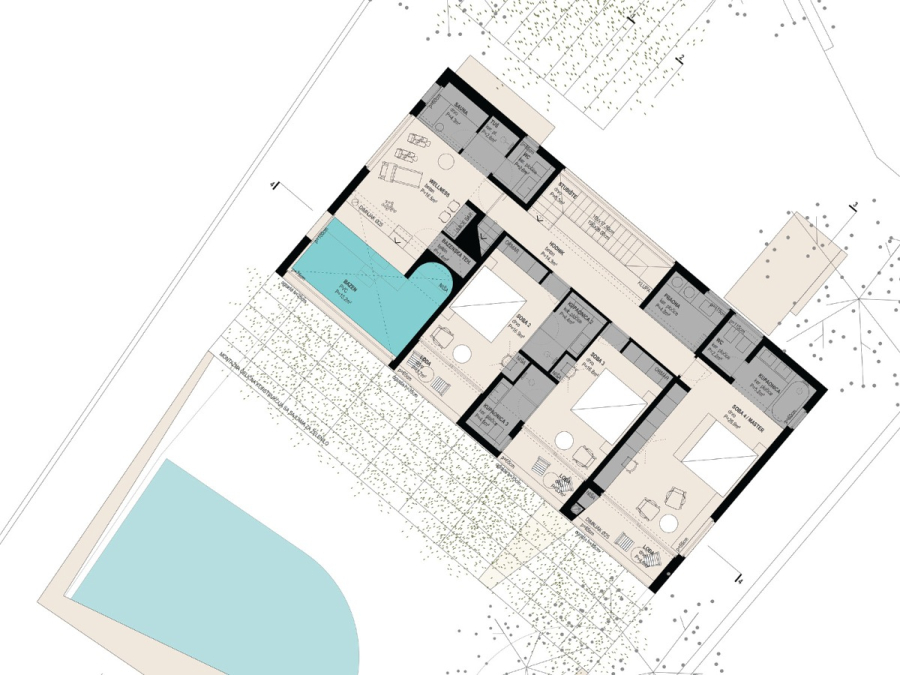 Prämiertes Architekturprojekt – Meerblick Luxus auf 490m² auf 1800m² Grund mit 2 Pools, Bar, Lounge - Architektonischer Grundriss mit Zimmern, Bädern und Korridoren entlang eines zentralen Flurs, mit einem Außenpoolbereich unten links. Der Grundriss enthält Möbelsymbole und Landschaftsdetails, die das Gebäude umgeben. (45069)