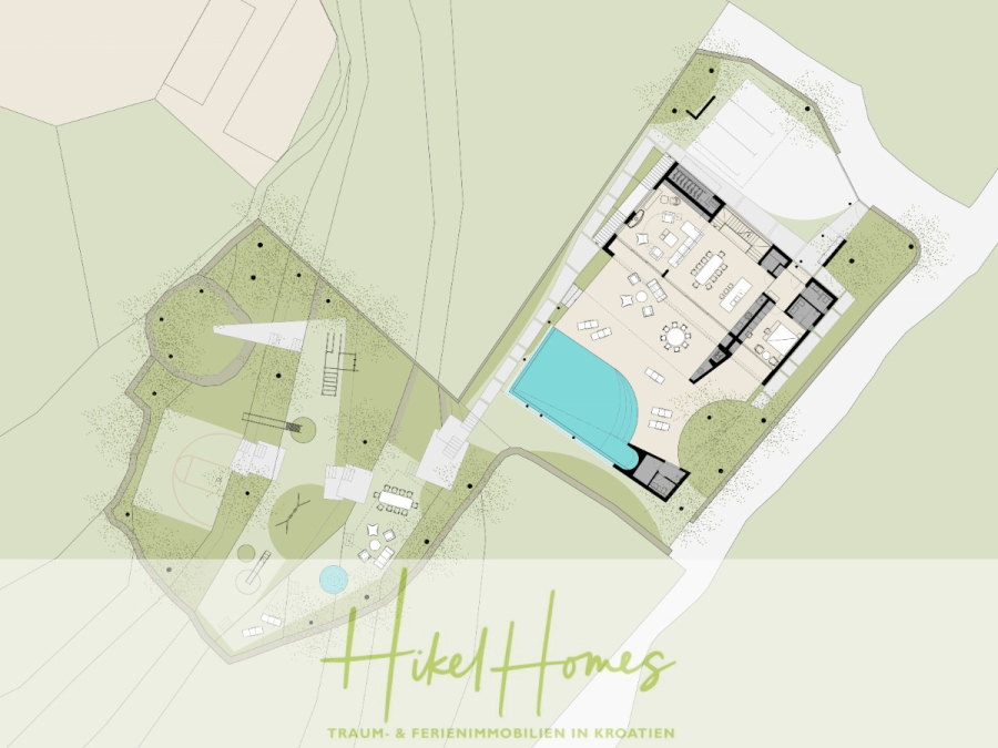 Prämiertes Architekturprojekt – Meerblick Luxus auf 490m² auf 1800m² Grund mit 2 Pools, Bar, Lounge - Architektonischer Grundriss einer modernen Immobilie mit Außenpool, umliegendem Garten, Spielplatz und Wegen. Der Entwurf umfasst beschriftete Wohnräume und trägt die Marke "Hikel Homes - Traum- & Ferienimmobilien in Kroatien". (45065)