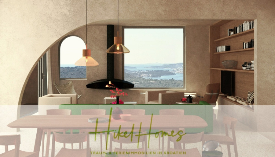 Prämiertes Architekturprojekt – Meerblick Luxus auf 490m² auf 1800m² Grund mit 2 Pools, Bar, Lounge - Moderner Wohn- und Essbereich mit großen Fenstern und Blick auf das Meer. Neutrale Farbtöne, ein grünes Sofa, Hängeleuchten, ein Kamin, eingebaute Regale und der Schriftzug "Hikel Homes" am Boden. (45061)