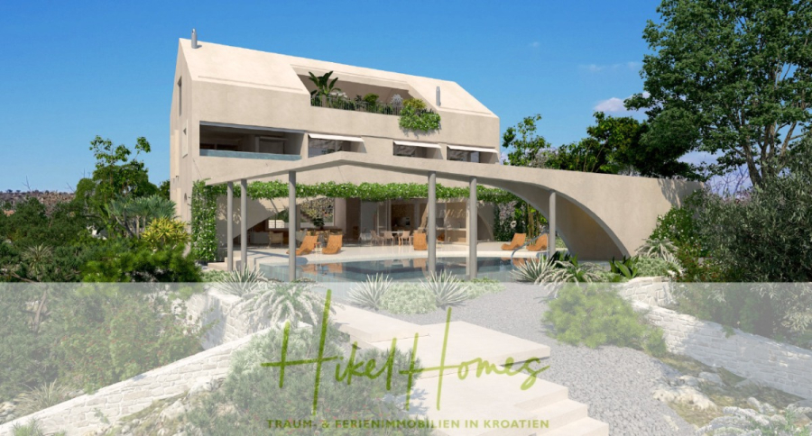 Prämiertes Architekturprojekt – Meerblick Luxus auf 490m² auf 1800m² Grund mit 2 Pools, Bar, Lounge - Moderne, minimalistische Villa mit großen Balkonen, Terrasse und Pool, umgeben von üppiger Vegetation. "Hike! Homes | Traum- & Ferienimmobilien in Kroatien" wird am unteren Rand angezeigt. (45049)
