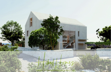 Modernes zweistöckiges Haus mit großen Fenstern, umgeben von Bäumen und Grünflächen, eingefasst von einer weißen Steinmauer. Der Himmel ist klar, und das Logo "Hey Homes" erscheint am unteren Rand des Bildes. - Prämiertes Architekturprojekt – Meerblick Luxus auf 490m² auf 1800m² Grund mit 2 Pools, Bar, Lounge