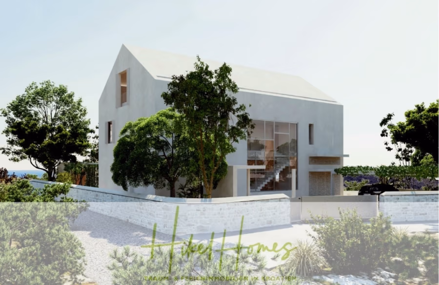 Prämiertes Architekturprojekt – Meerblick Luxus auf 490m² auf 1800m² Grund mit 2 Pools, Bar, Lounge - Modernes zweistöckiges Haus mit großen Fenstern, umgeben von Bäumen und Büschen. Es hat ein schräges Dach und eine weiße Fassade. Eine Steinmauer grenzt an die Vorderseite, und unten befindet sich eine schwache Textüberlagerung mit grünen Akzenten. (41155)
