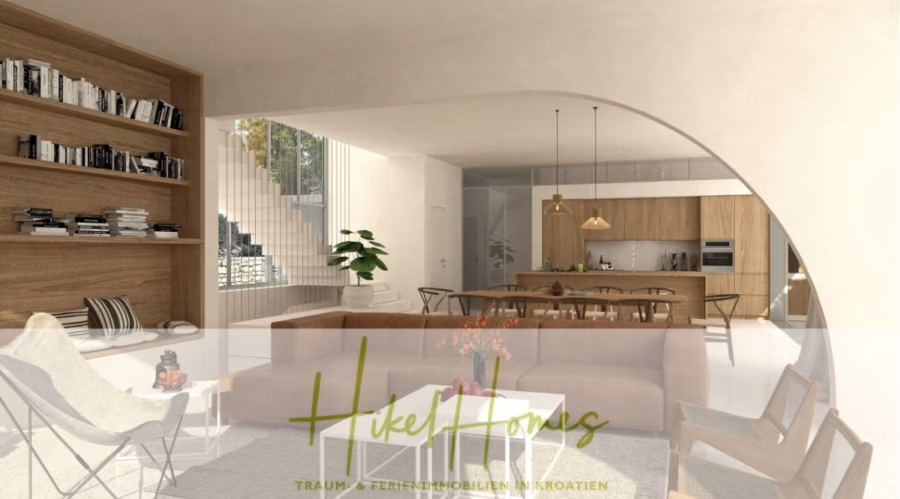 Prämiertes Architekturprojekt – Meerblick Luxus auf 490m² auf 1800m² Grund mit 2 Pools, Bar, Lounge - Modernes Wohnzimmer mit braunem Sofa, Holzregalen voller Bücher und weißen Sesseln um einen kleinen Tisch. Im Hintergrund ein Essbereich mit Holztisch und Küche. Unten steht in Grün „Hikel Haus“. (41169)