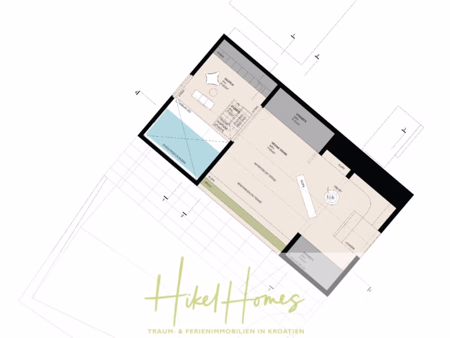 Prämiertes Architekturprojekt – Meerblick Luxus auf 490m² auf 1800m² Grund mit 2 Pools, Bar, Lounge - Grundriss einer Hikel Homes-Immobilie mit Schlafzimmer, Bad und Wohnbereich. Der Grundriss enthält Maße und Strukturdetails. Der Text unten lautet „Traum- & Ferienimmobilien in Kroatien“. (41177)