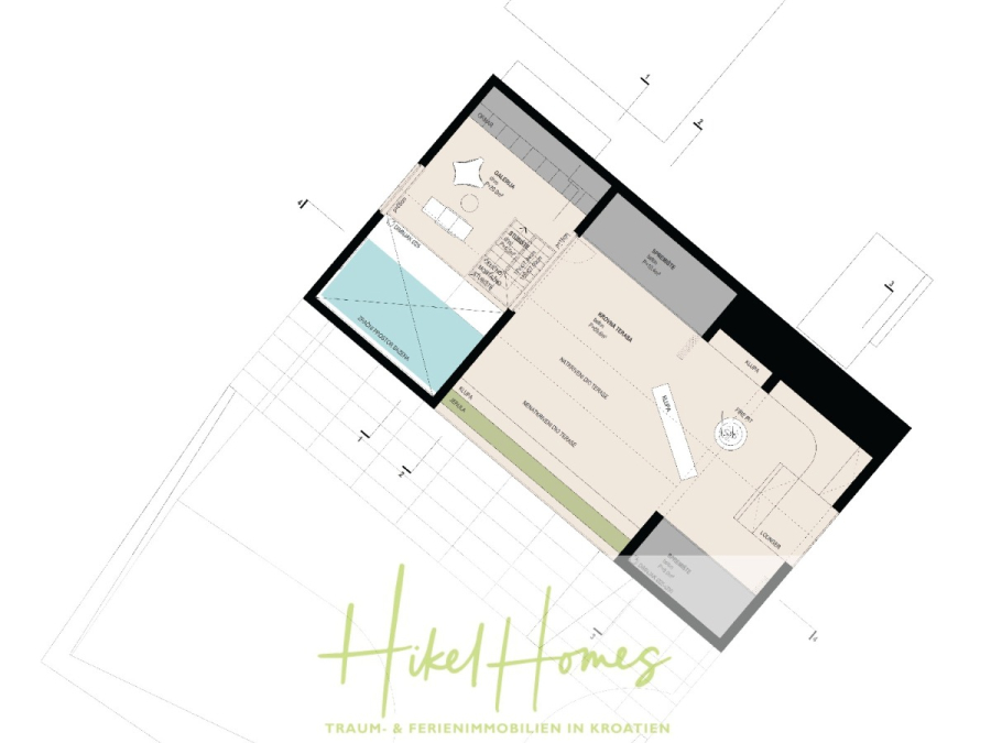Prämiertes Architekturprojekt – Meerblick Luxus auf 490m² auf 1800m² Grund mit 2 Pools, Bar, Lounge - Grundriss eines rechteckigen Wohnraums mit Bad, Küche, Wohn-/Essbereich und Außenterrasse, unten beschriftet mit "Hikel Homes" und deutschem Text über Ferienimmobilien in Kroatien. (45070)