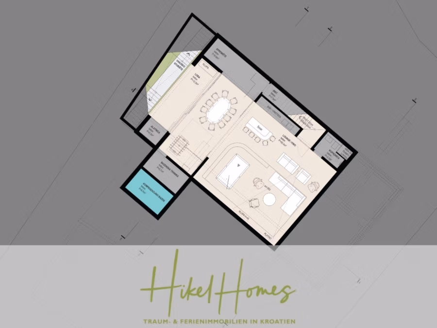 Prämiertes Architekturprojekt – Meerblick Luxus auf 490m² auf 1800m² Grund mit 2 Pools, Bar, Lounge - Grundriss eines modernen Wohnraums mit Küche, Essbereich und Sitzgelegenheiten. Unten befindet sich die Beschriftung „Hikel Homes“ mit dem Hinweis auf Immobilien in Kroatien. (41175)