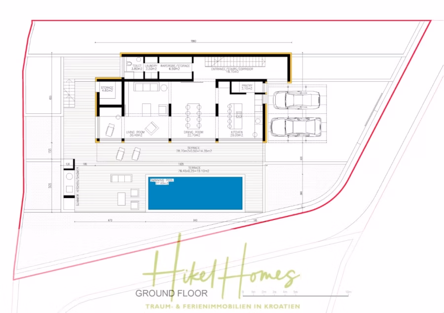 Schlüsselfertig Villa Annea – Meerblick von jedem Zimmer aus auf 250m² mit 3 Schlafzimmer / 3 Bädern - Architektonischer Entwurf eines Erdgeschoss-Grundrisses mit Swimmingpool, Terrasse, offenem Wohnbereich, Küche und Essbereich, zwei Schlafzimmern, zwei Badezimmern und einem Parkplatz für zwei Autos. (40972)