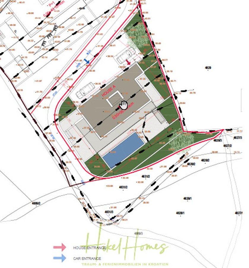 Schlüsselfertig Villa Annea – Meerblick von jedem Zimmer aus auf 250m² mit 3 Schlafzimmer / 3 Bädern - Lageplan von "Haus A" mit eingezeichneten Auto- und Hauseingängen, umliegenden Grünanlagen, einem Pool, einer Einfahrt, geparkten Autos und Höhenlinien. Beschriftungen und Richtungsangaben sind vorhanden, wobei Norden nach oben ausgerichtet ist. (46410)