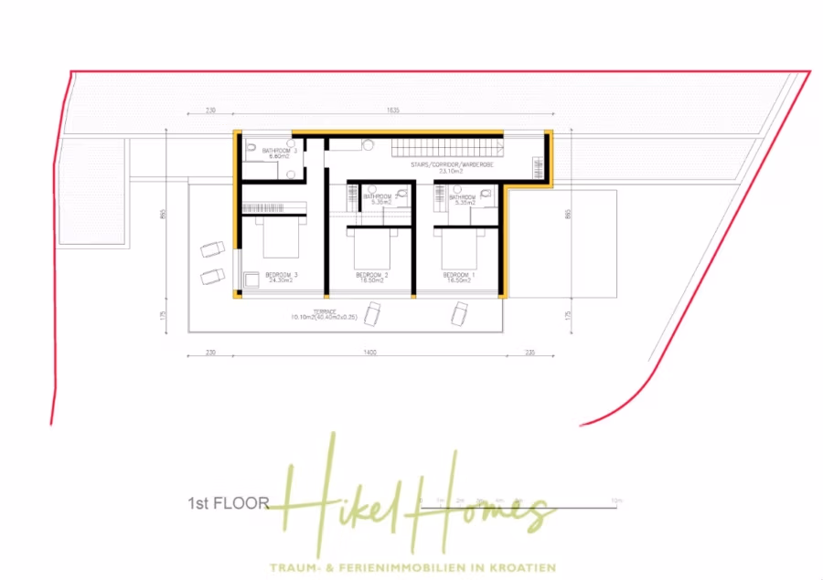 Schlüsselfertig Villa Annea – Meerblick von jedem Zimmer aus auf 250m² mit 3 Schlafzimmer / 3 Bädern - Grundriss eines Erdgeschoss-Grundrisses von Hikel Homes mit zwei Schlafzimmern, einem gemeinsamen Badezimmer, einem Abstellraum und einer großen Terrasse. Der Entwurf enthält Maßangaben und Beschriftungen in deutscher Sprache. (40973)
