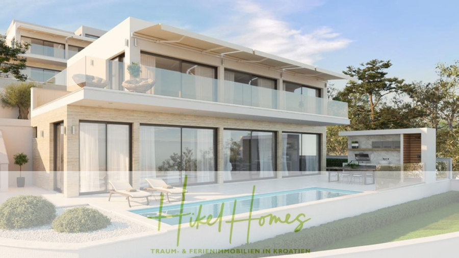 Schlüsselfertig Villa Annea – Meerblick von jedem Zimmer aus auf 250m² mit 3 Schlafzimmer / 3 Bädern - Moderne zweistöckige Villa mit großen Glasfenstern, Balkonen, einem Swimmingpool, Liegestühlen und einem Grillplatz im Freien. Der Text "Hikel Homes Traum- & Ferienimmobilien in Kroatien" ist am unteren Rand eingeblendet. (46401)