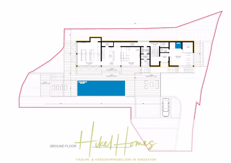 Imposante Meerblick Luxus Villa Isis – Tiefgarage, Aufzug, Wellness, Sauna, Pool, große Sommerküche - Plan eines modernen Erdgeschosses mit Swimmingpool, mehreren Zimmern, Küche, Wohnbereichen, Parkplatz und Außensitzplätzen. Das Bild trägt die Bezeichnung „Hikel Homes“ mit dem Text „Traum- & Ferienimmobilien in Kroatien“. (42362)