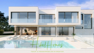 Eine moderne weiße Villa mit großen Glasfenstern und Balkonen, einem Außenschwimmbad, Sonnenliegen und einer Terrasse. Der Text "Hikel Homes" und "TRAUM- & FERIENIMMOBILIEN IN KROATIEN" erscheint am unteren Rand. - Imposante Meerblick Luxus Villa Isis – Tiefgarage, Aufzug, Wellness, Sauna, Pool, große Sommerküche